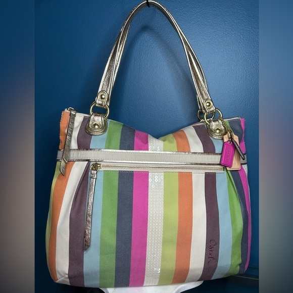 Coach Poppy Glam Tote Legacy Stripe Sequin 19021 Like New - Picture 17 of 17